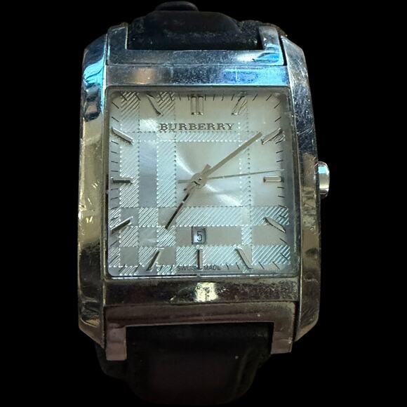Burberry Swiss Made Quartz Watch Silver Tone Plaid Dial Black Leather Strap Date main image 4